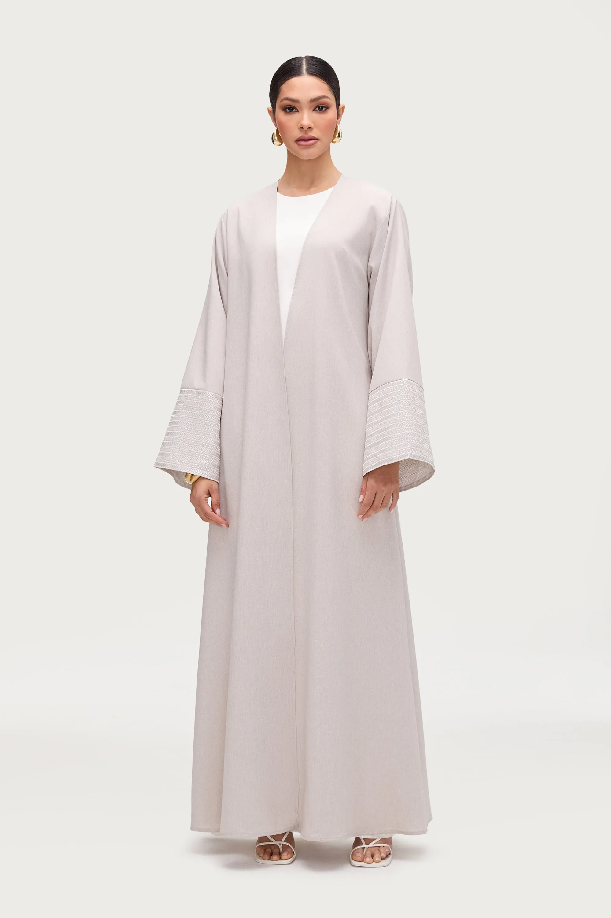 Basma Embroidered Open Abaya - Stone