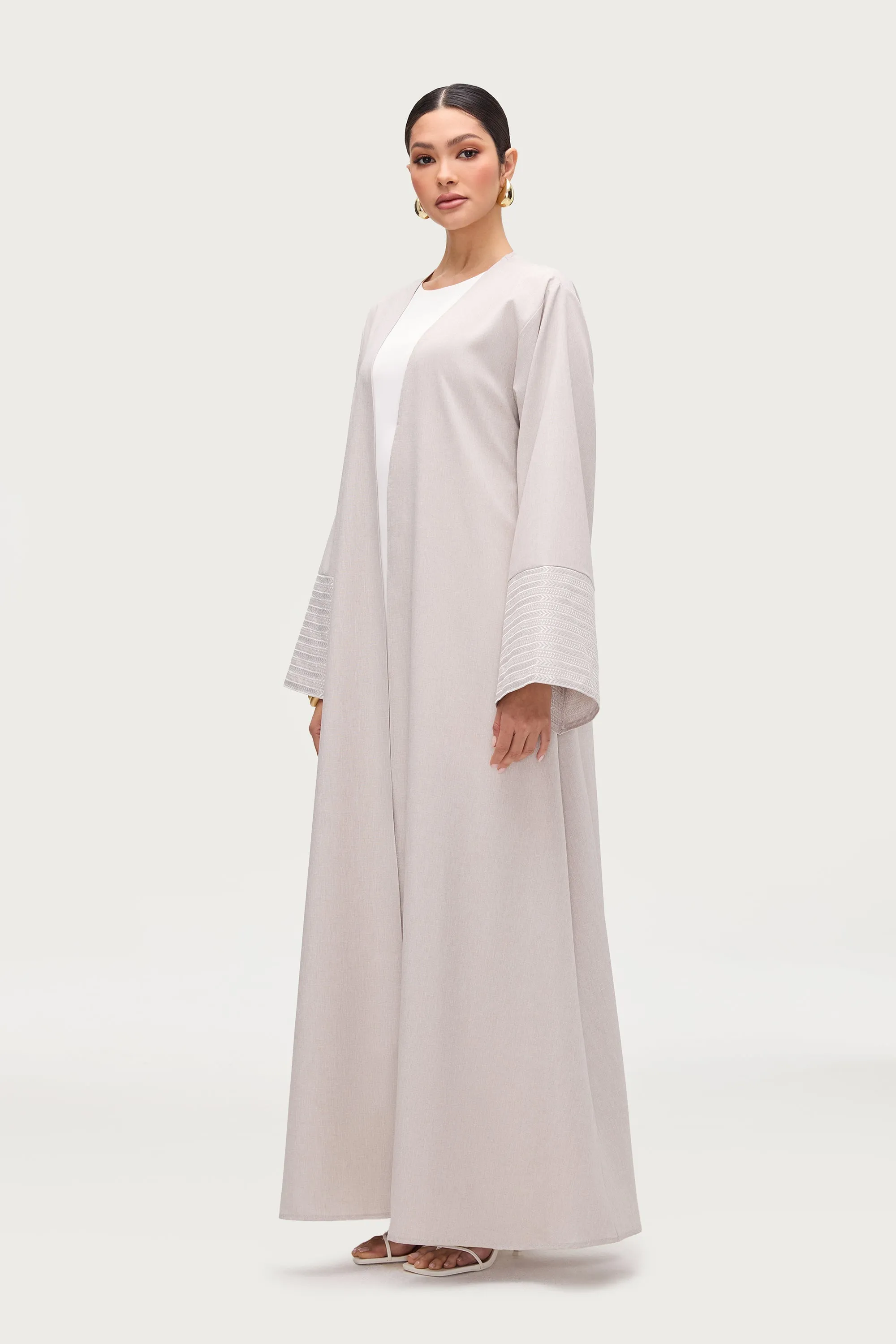 Basma Embroidered Open Abaya - Stone