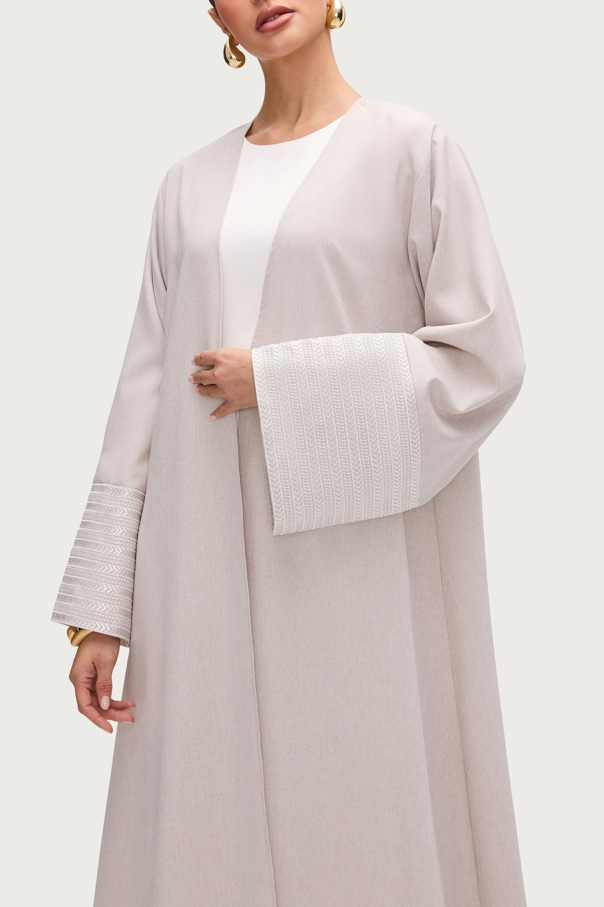 Basma Embroidered Open Abaya - Stone