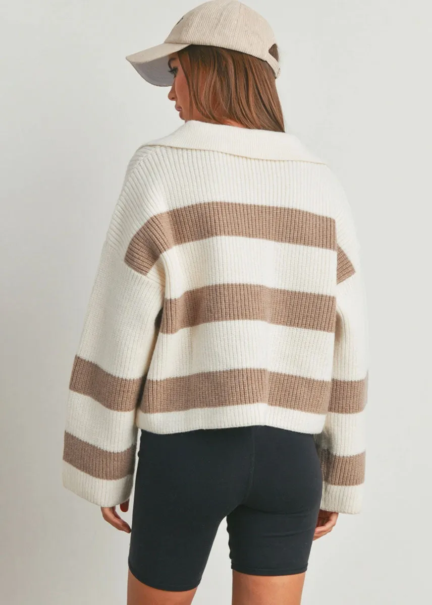 Beck Striped Wide Collar Sweater - Ivory & Taupe