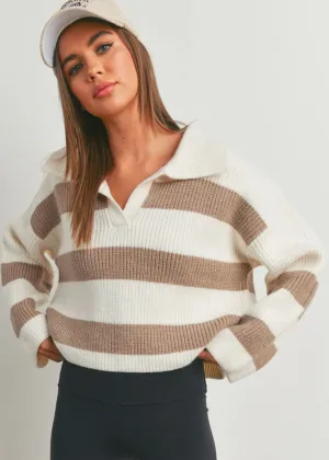 Beck Striped Wide Collar Sweater - Ivory & Taupe