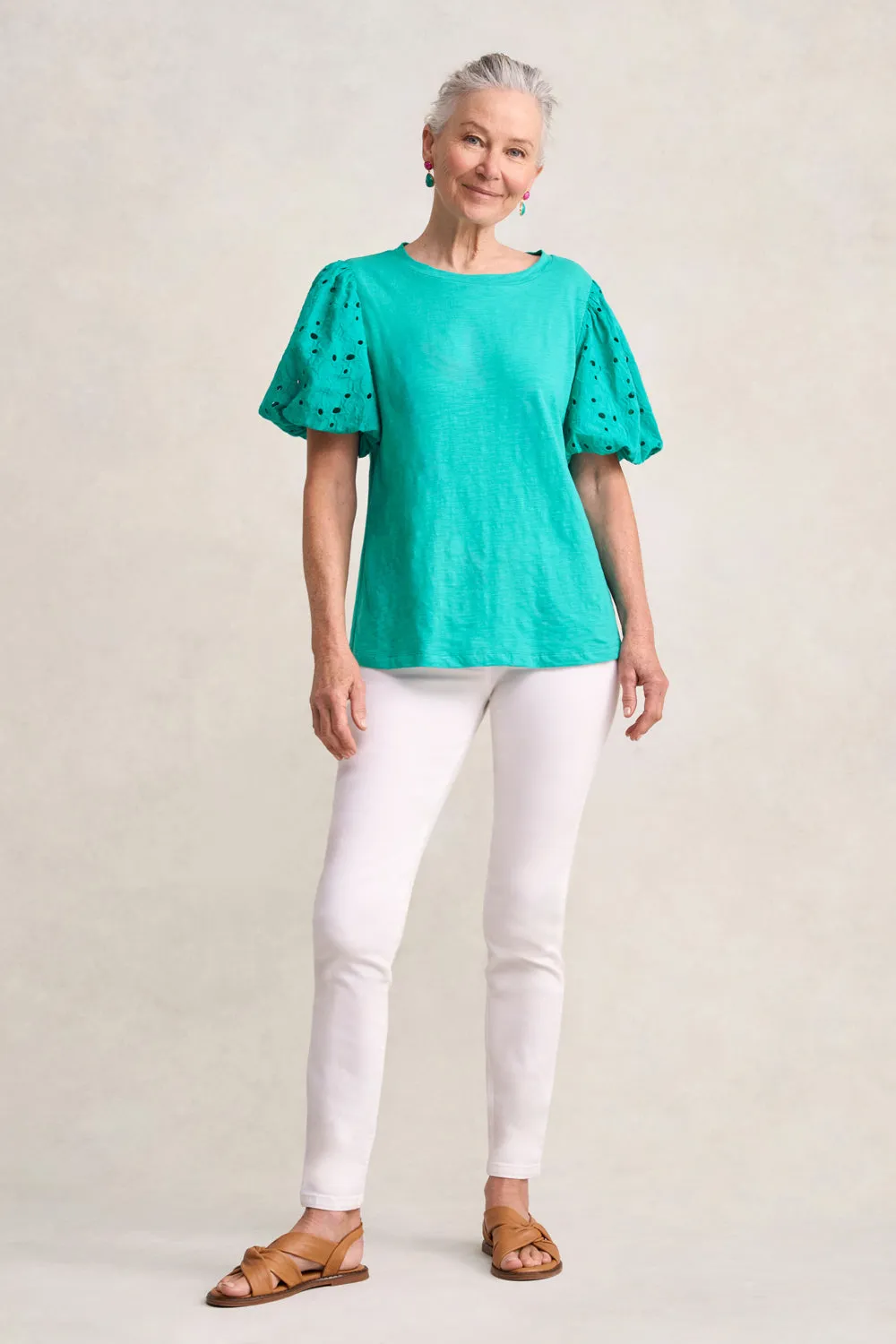 Broderie Sleeve Cotton T-Shirt - Viridian