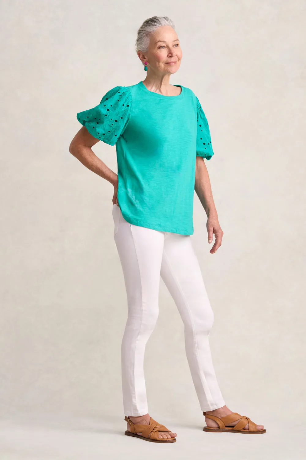Broderie Sleeve Cotton T-Shirt - Viridian