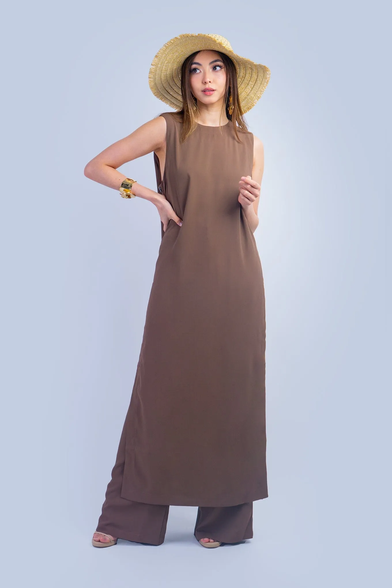 Brown Sleeveless Long Tunic