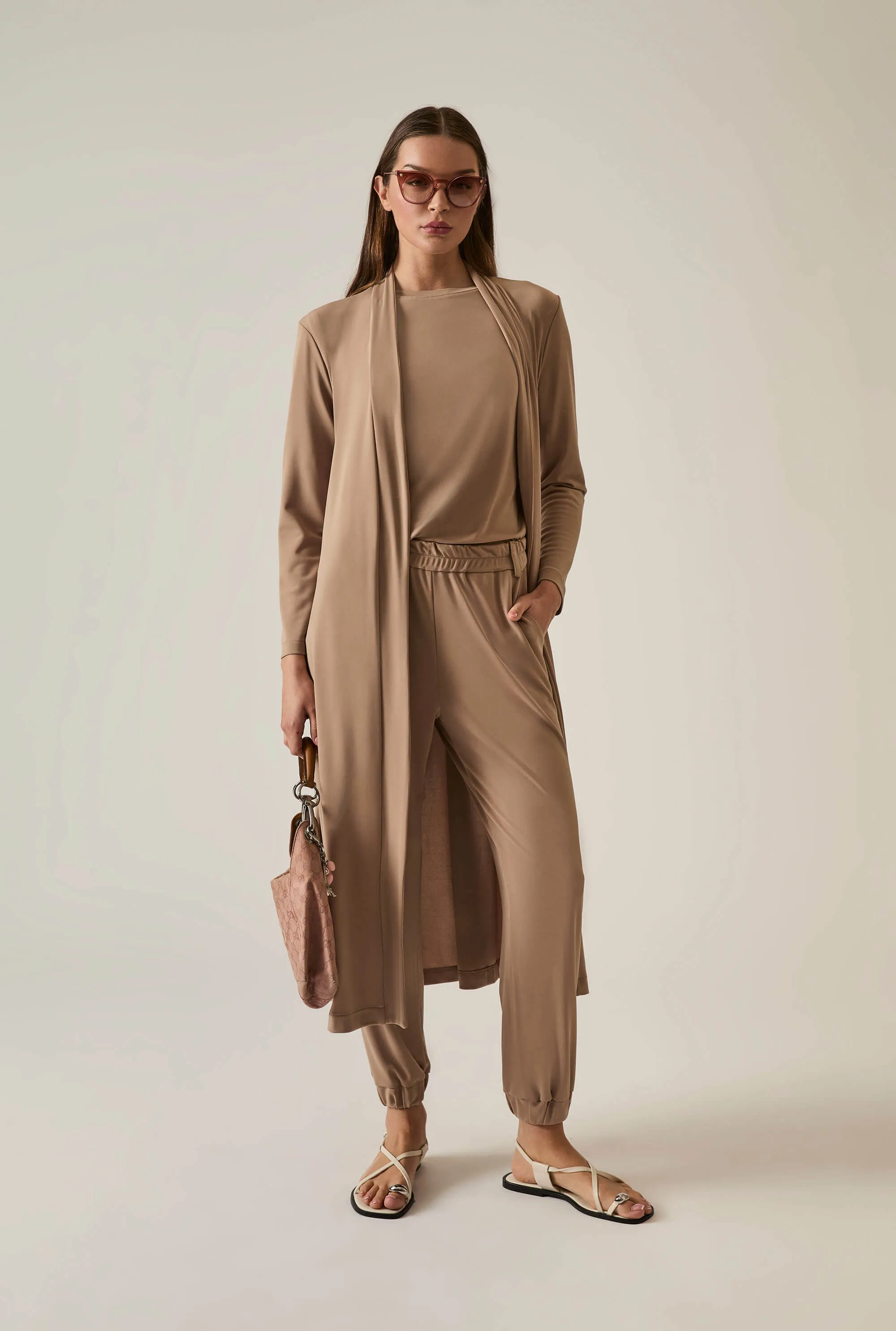 Camel Long Wrap Jersey Cardigan