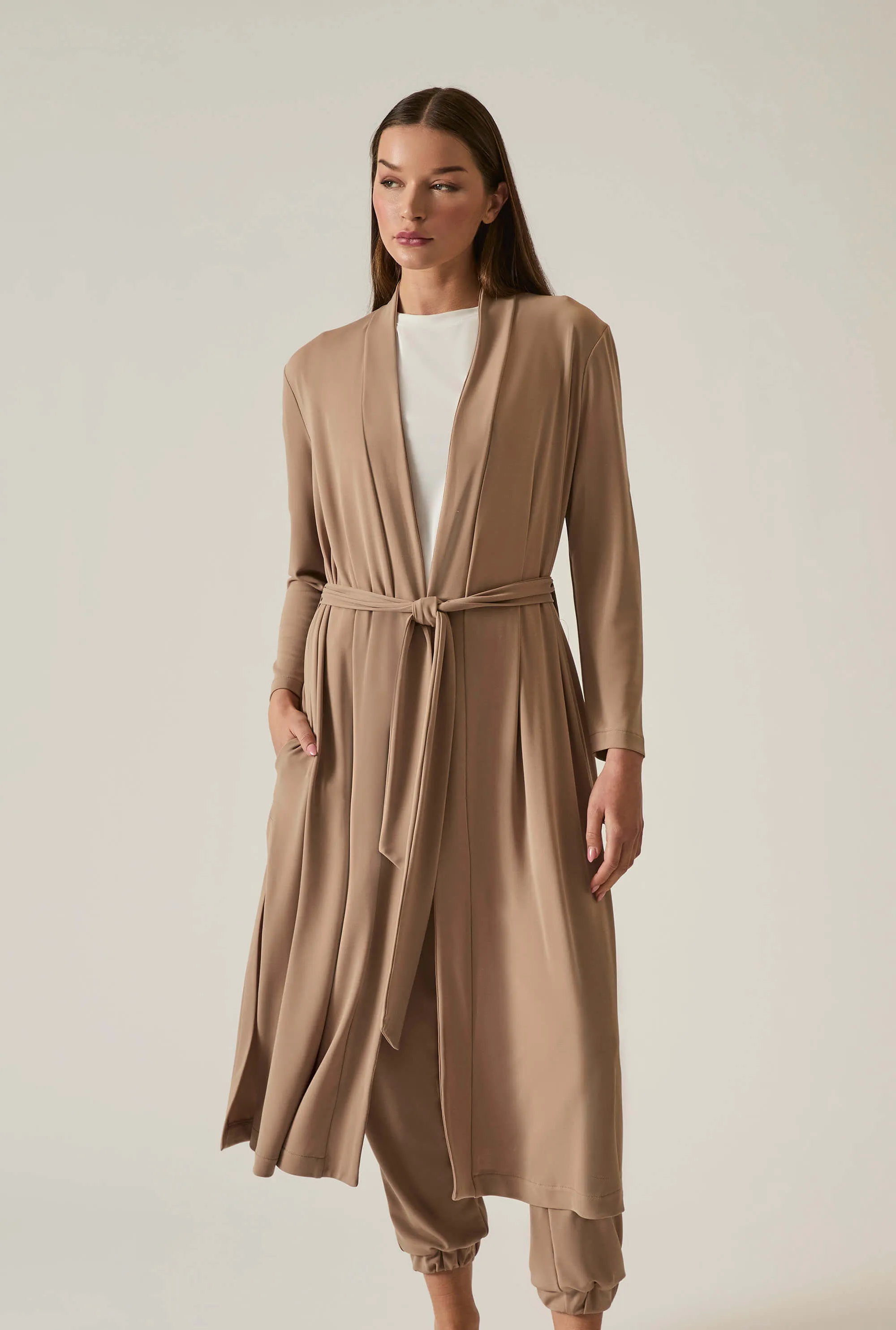 Camel Long Wrap Jersey Cardigan