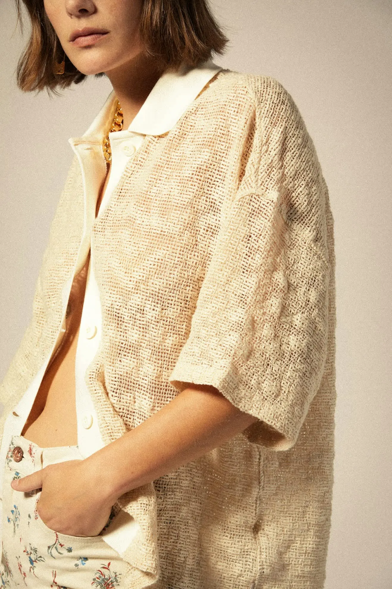 Camp Mesh Button Down S/S Polo Knit - Off White