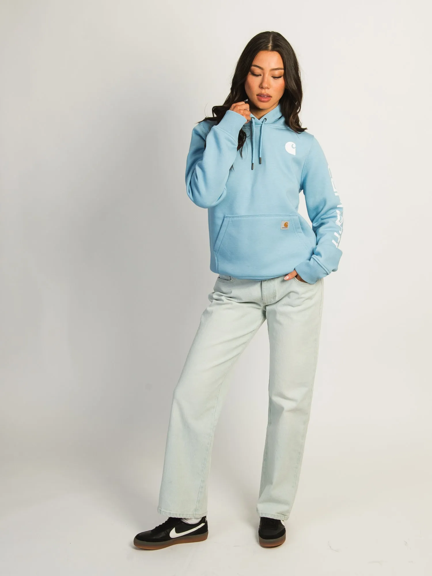 CARHARTT LOGO SLEEVE PULL OVER HOODIE - WATER
