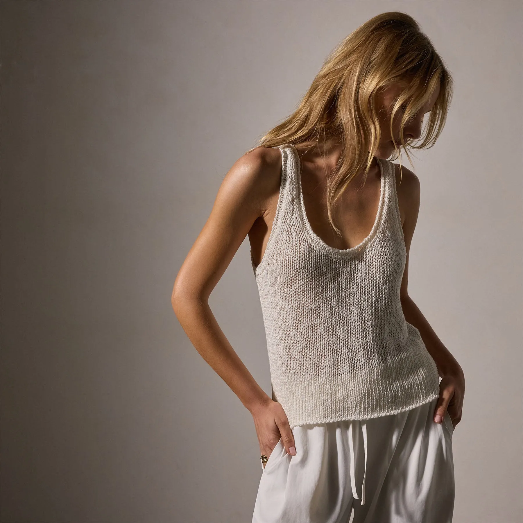 Cotton Linen Knit Tank - White