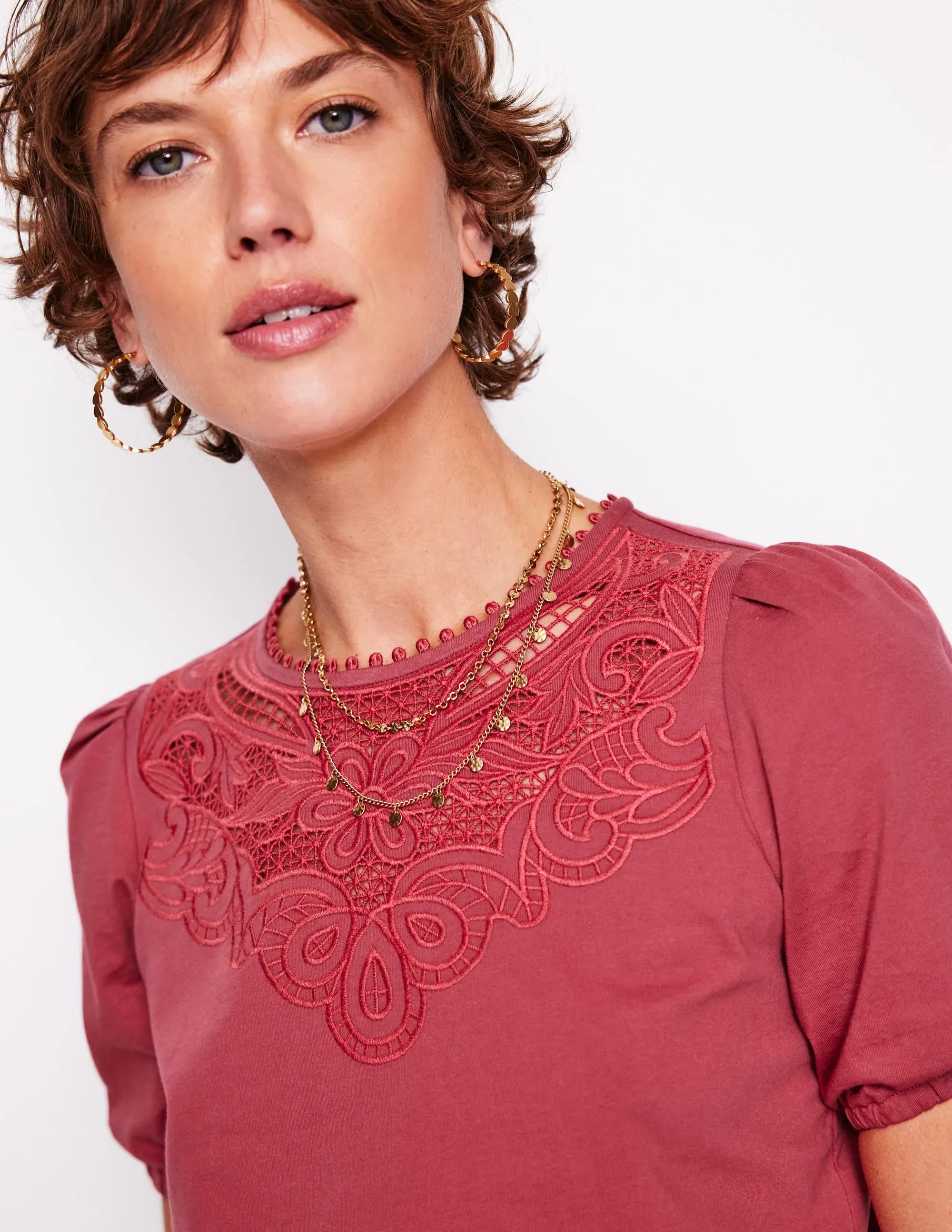 Cutwork Puff Sleeve T-Shirt-Teracotta