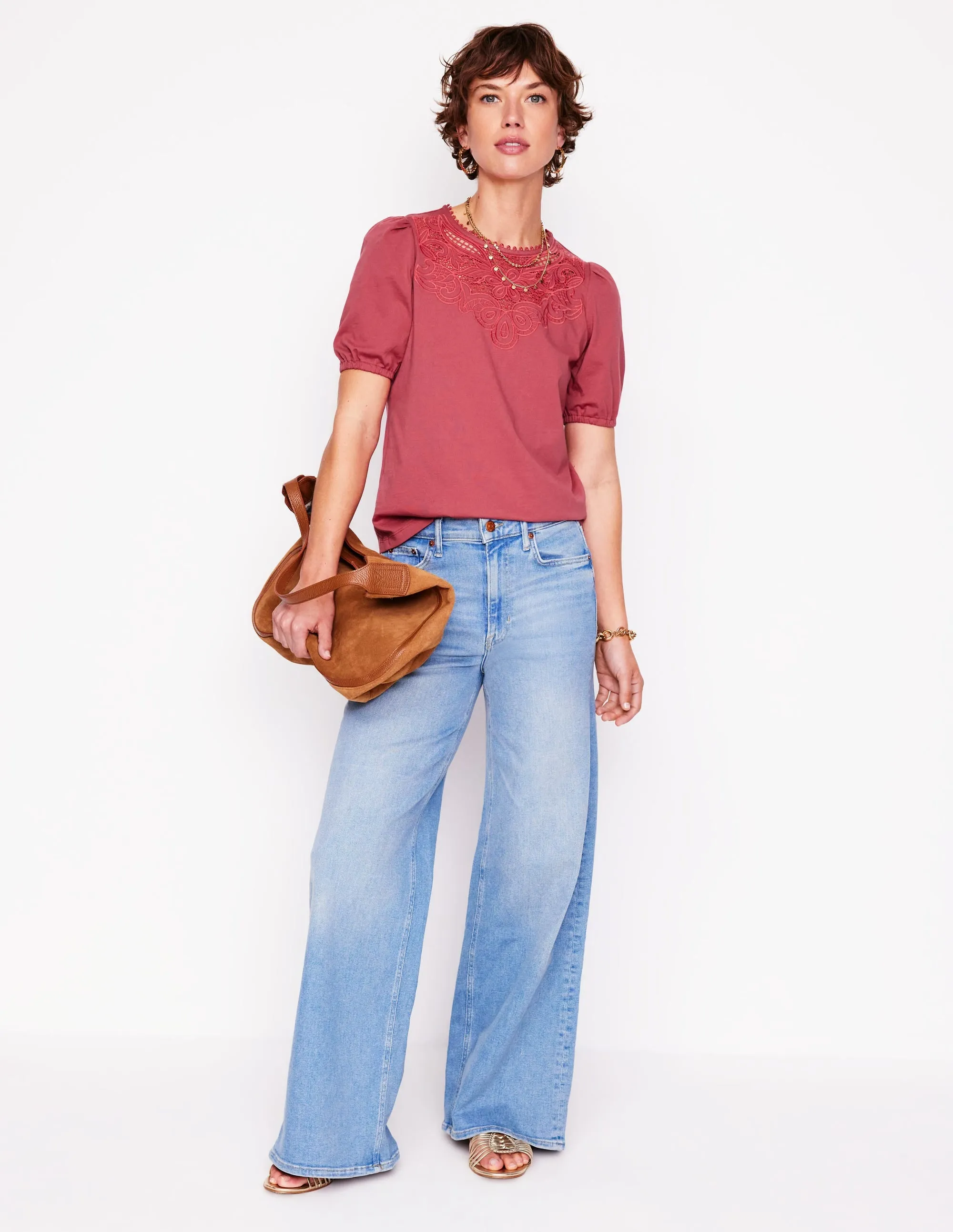 Cutwork Puff Sleeve T-Shirt-Teracotta