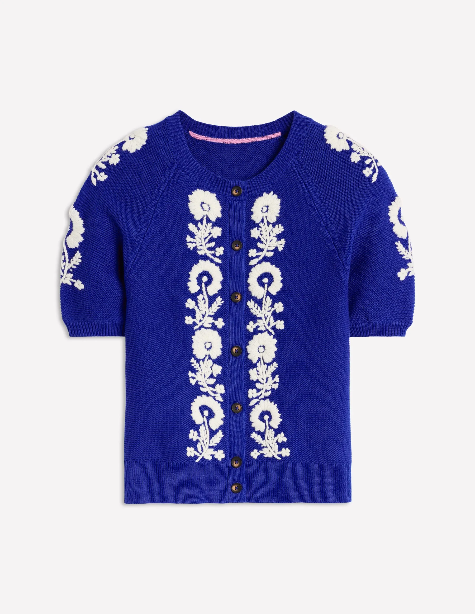 Embroidered T-Shirt Cardigan-Bright Blue. Flowers