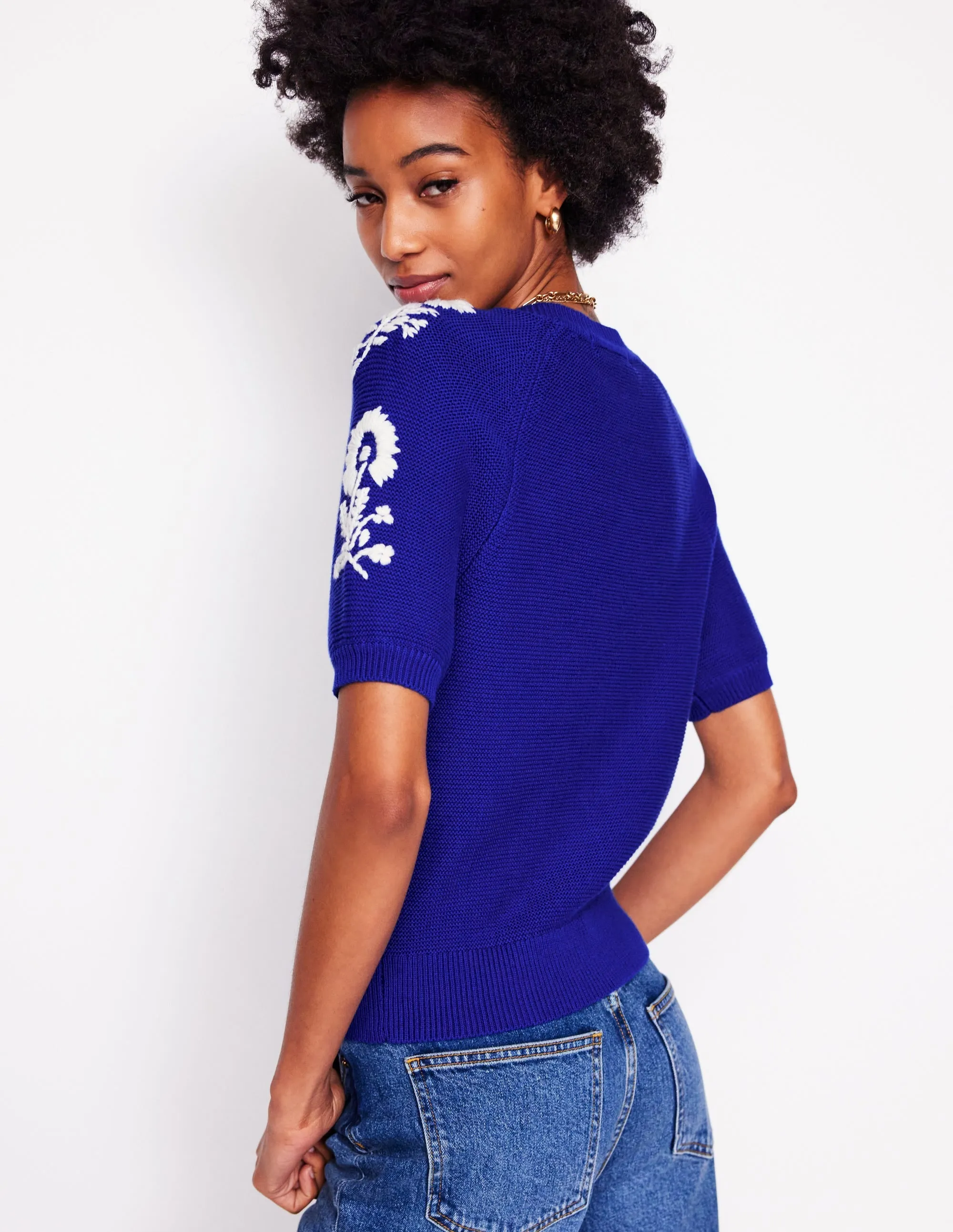 Embroidered T-Shirt Cardigan-Bright Blue. Flowers