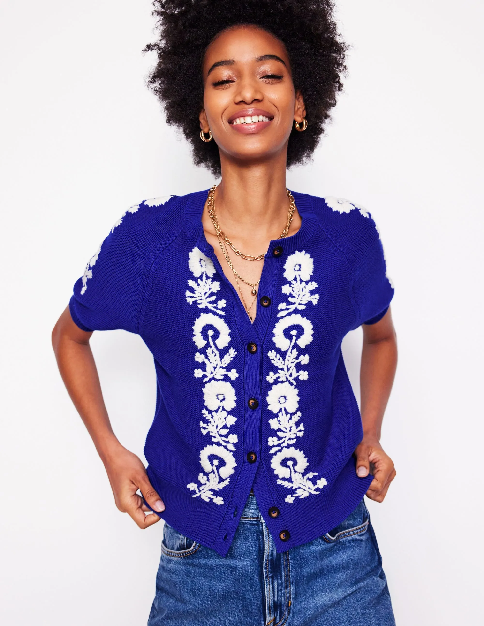 Embroidered T-Shirt Cardigan-Bright Blue. Flowers