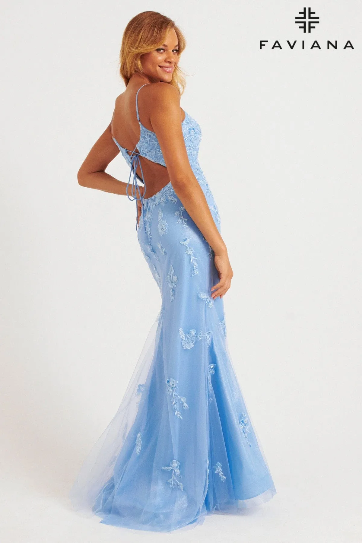 Faviana FA11229 Long Formal Floral Lace Slit Prom Dress