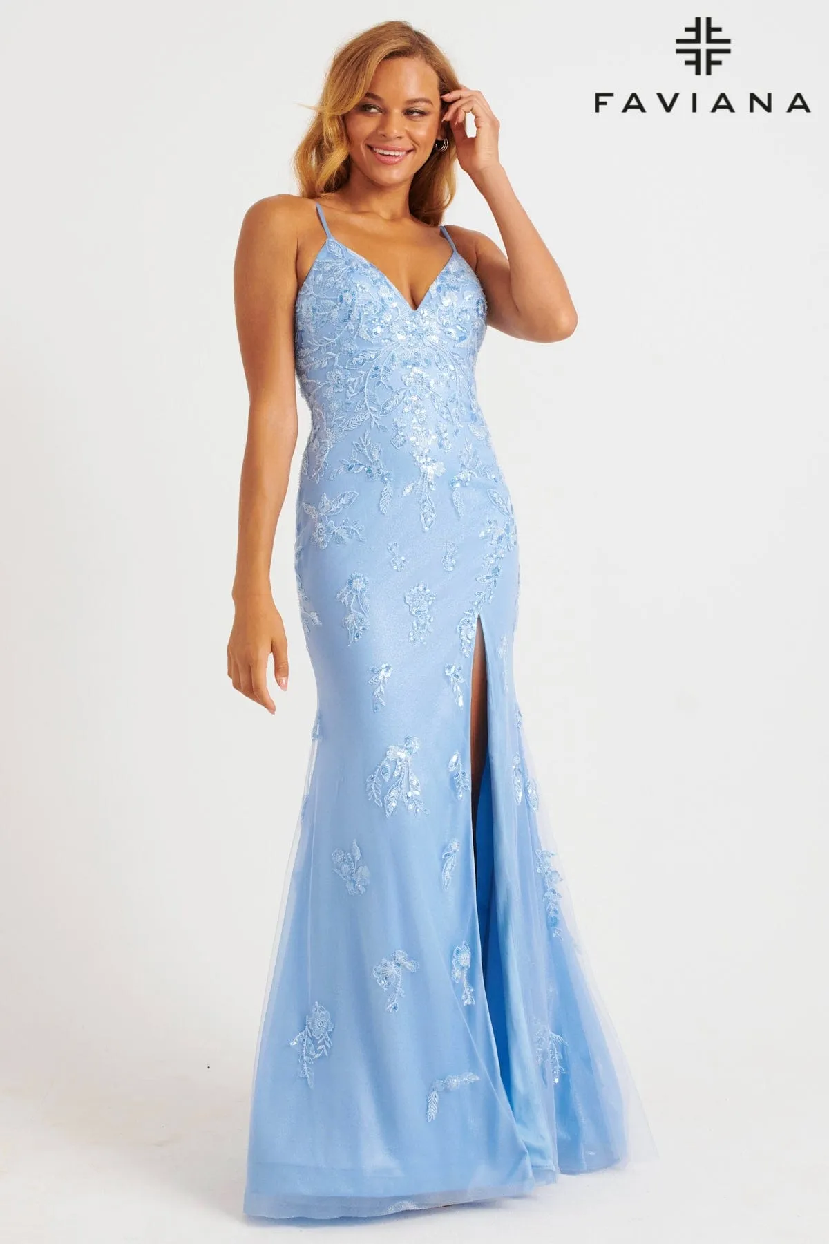 Faviana FA11229 Long Formal Floral Lace Slit Prom Dress