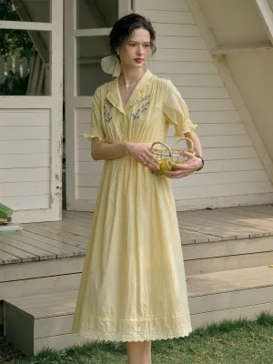 【Final Sale】Roselyn Embroidered V  Neck Lapel Puff Sleeve Cotton High Waist Midi Dress
