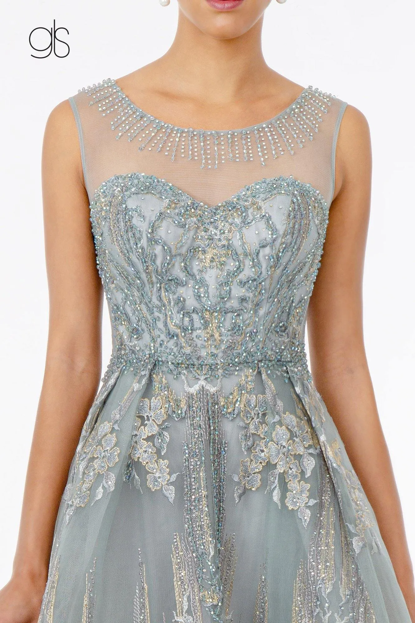 Full Embroidered Illusion Prom Long Dress