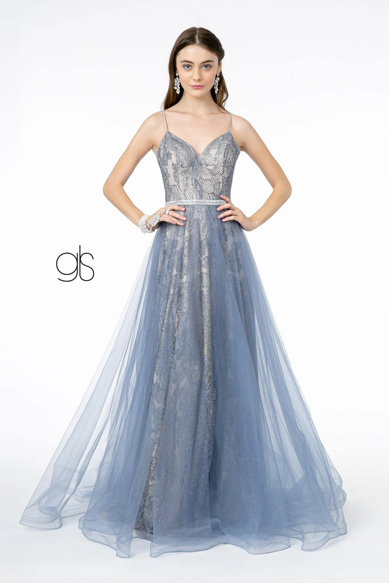 Glitter Mesh A-Line Long Prom Dress