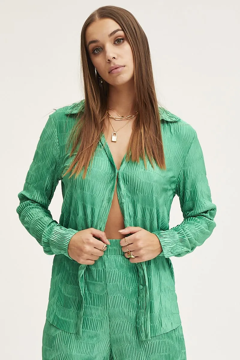 Green Plisse Shirts Long Sleeve