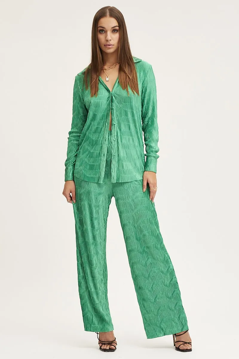 Green Plisse Shirts Long Sleeve