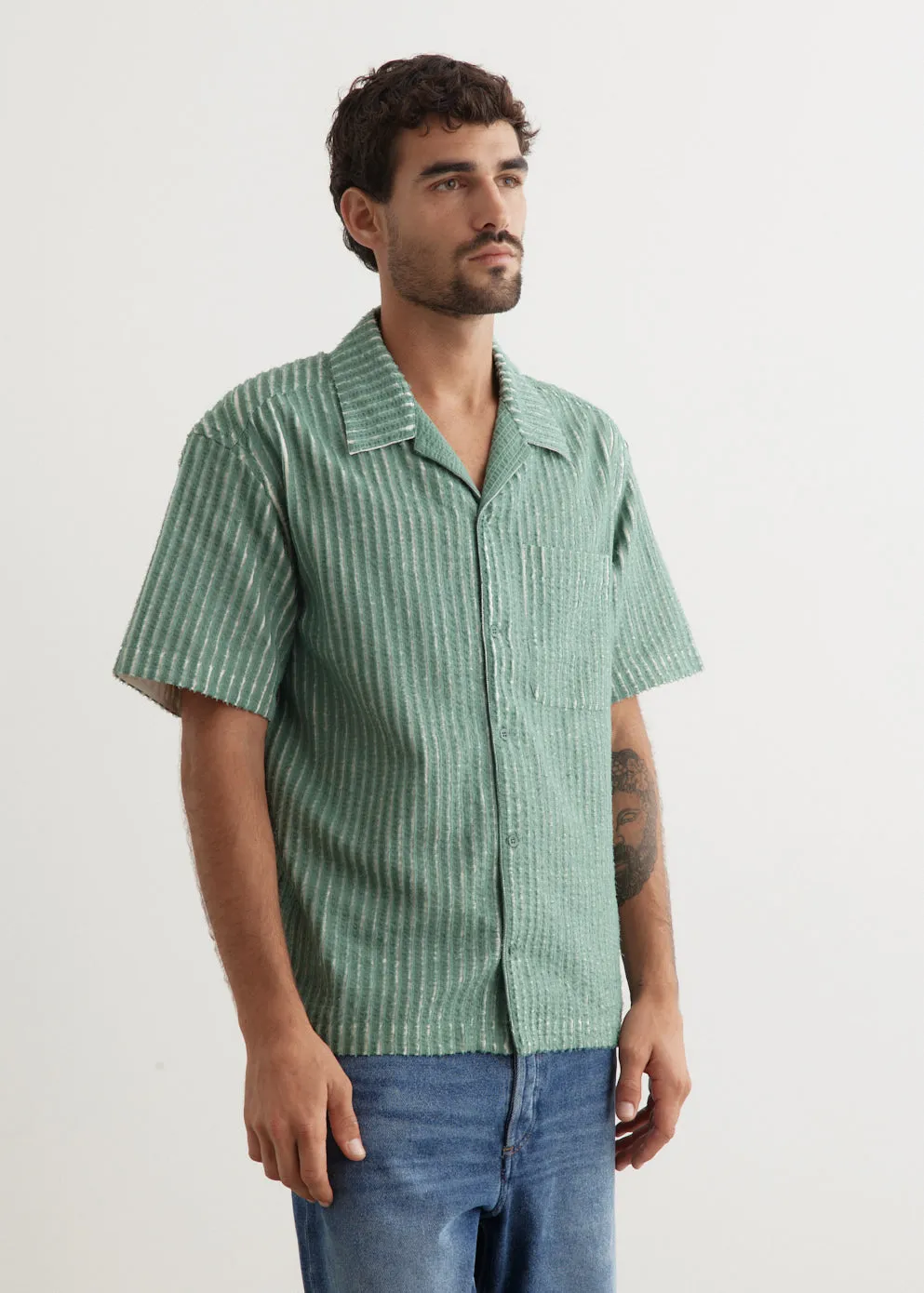 Hand-Frayed Stripe Short Sleeve Shirt