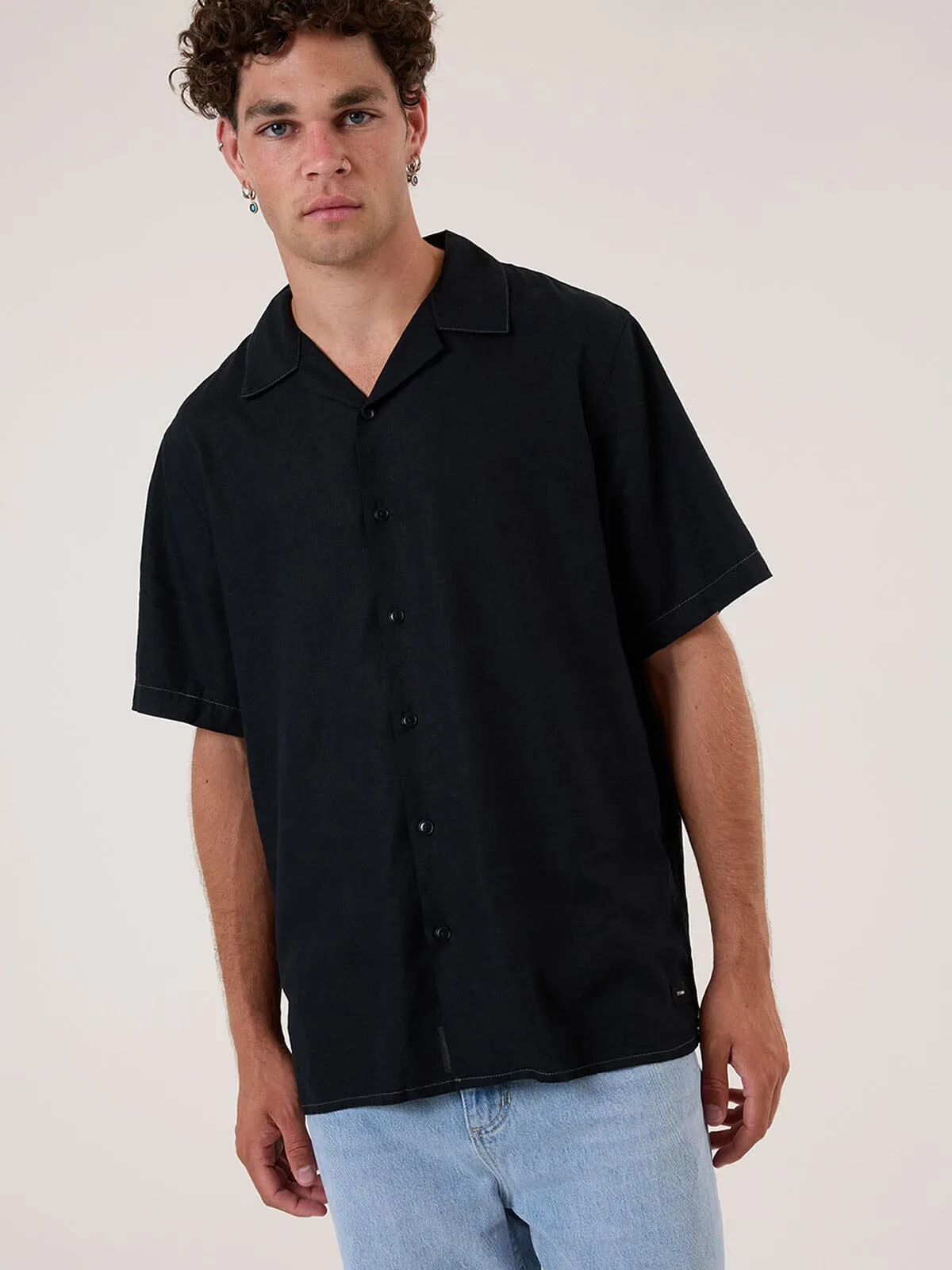Hemp Minimal Thrills Contrast Stitch Bowling Shirt - Black - Grey Contrast