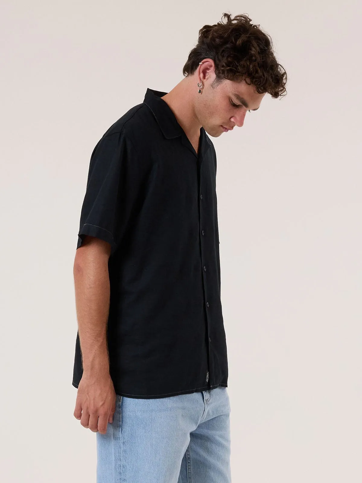 Hemp Minimal Thrills Contrast Stitch Bowling Shirt - Black - Grey Contrast