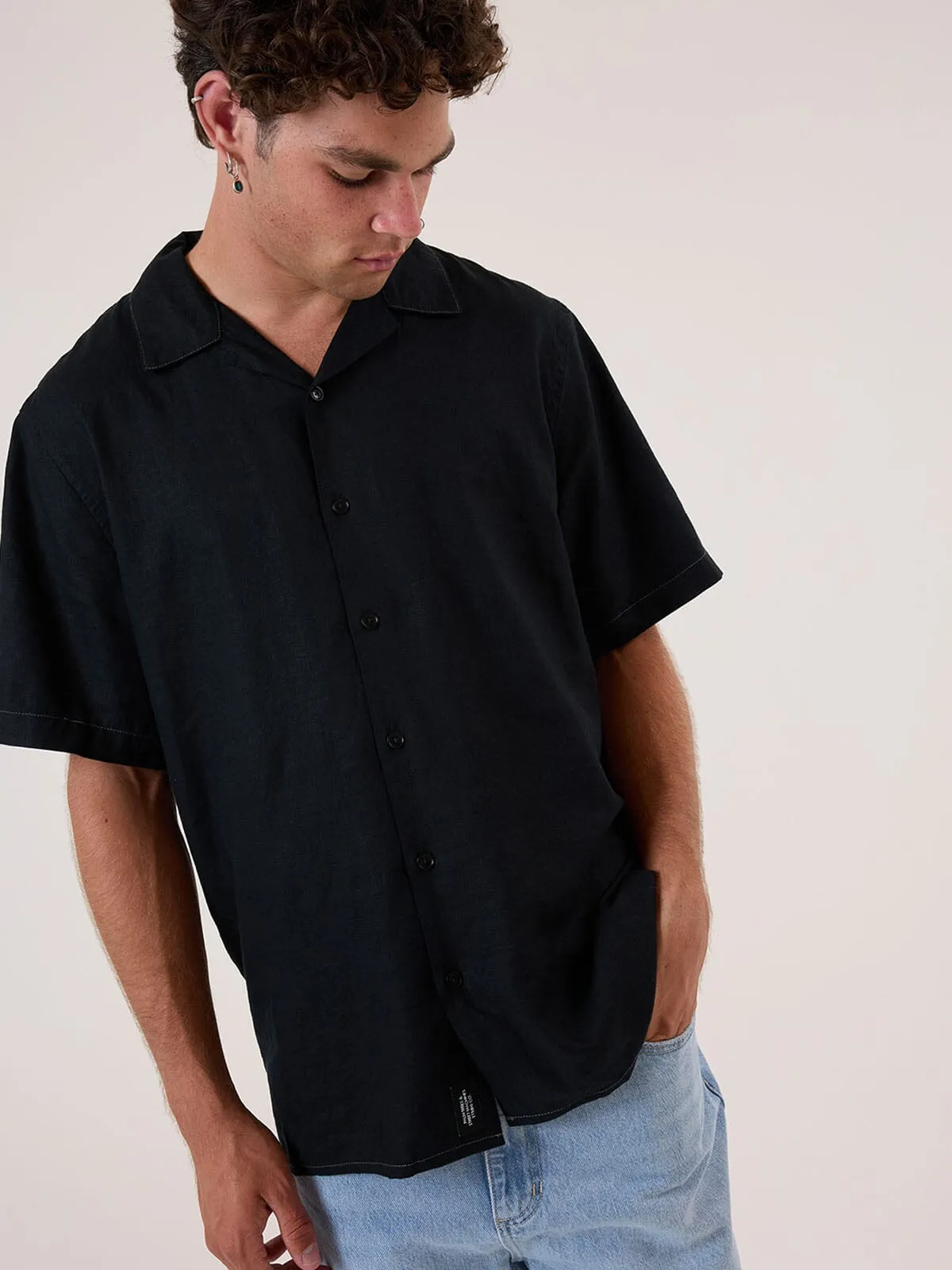 Hemp Minimal Thrills Contrast Stitch Bowling Shirt - Black - Grey Contrast