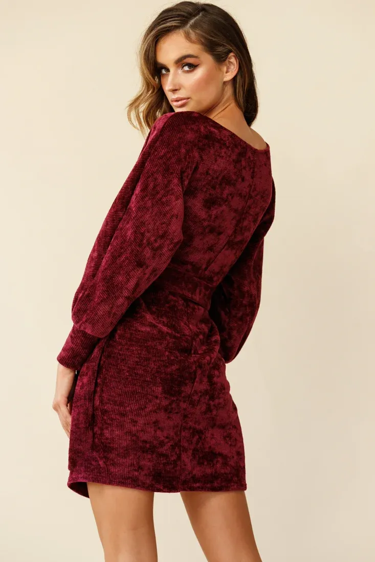 Isolde Ribbed Velour Wrap Dress Plum