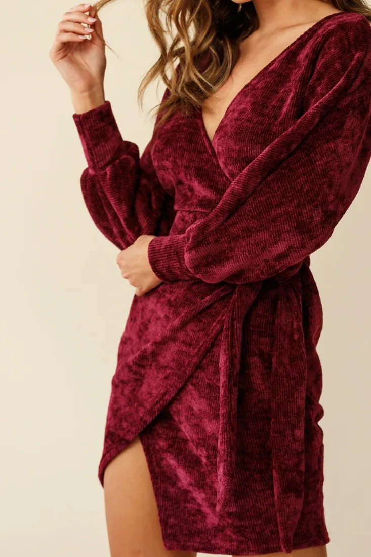 Isolde Ribbed Velour Wrap Dress Plum