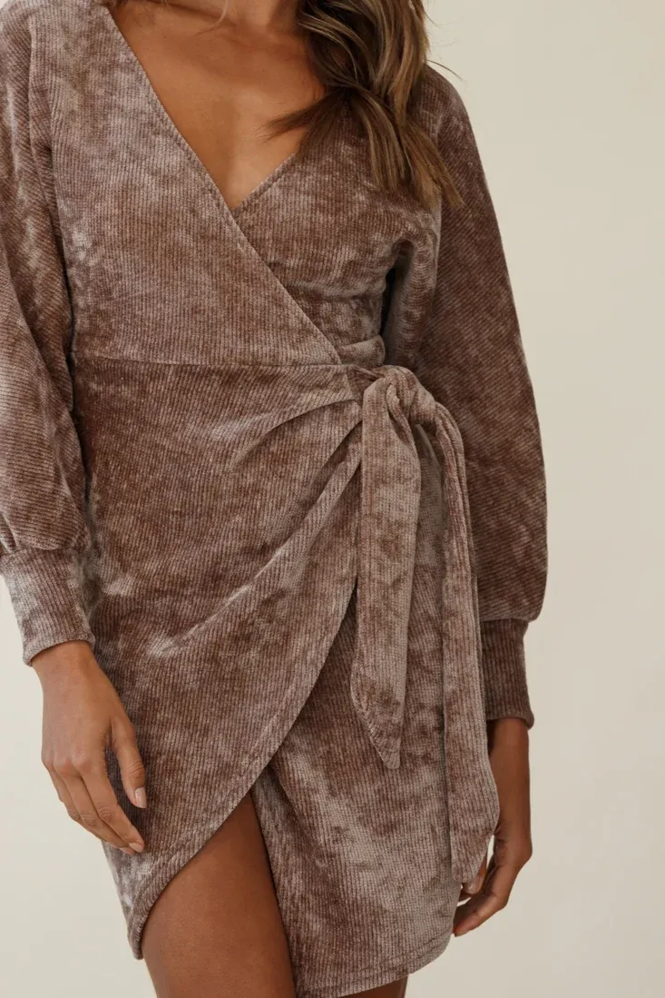 Isolde Ribbed Velour Wrap Dress Taupe