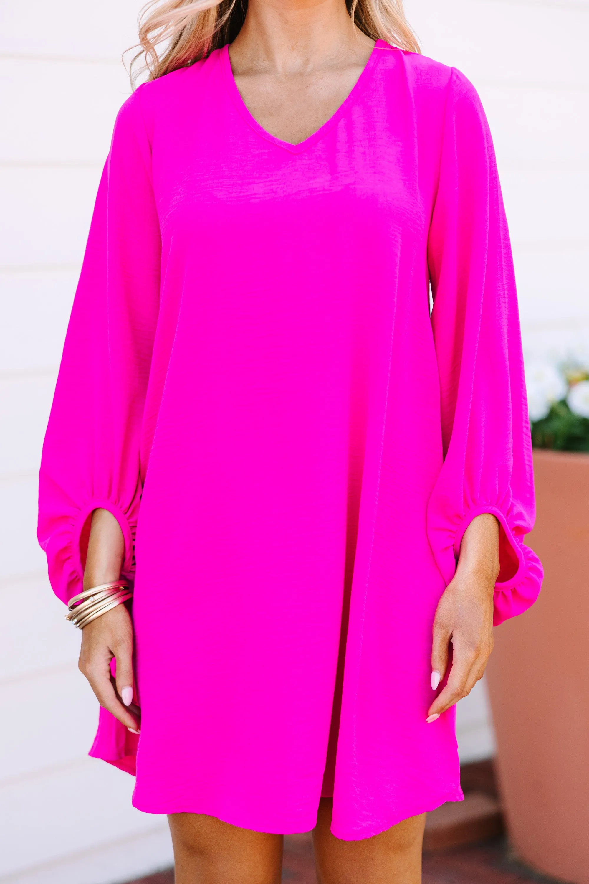 Loud And Clear Ultra Hot Pink Bubble Sleeve Dress