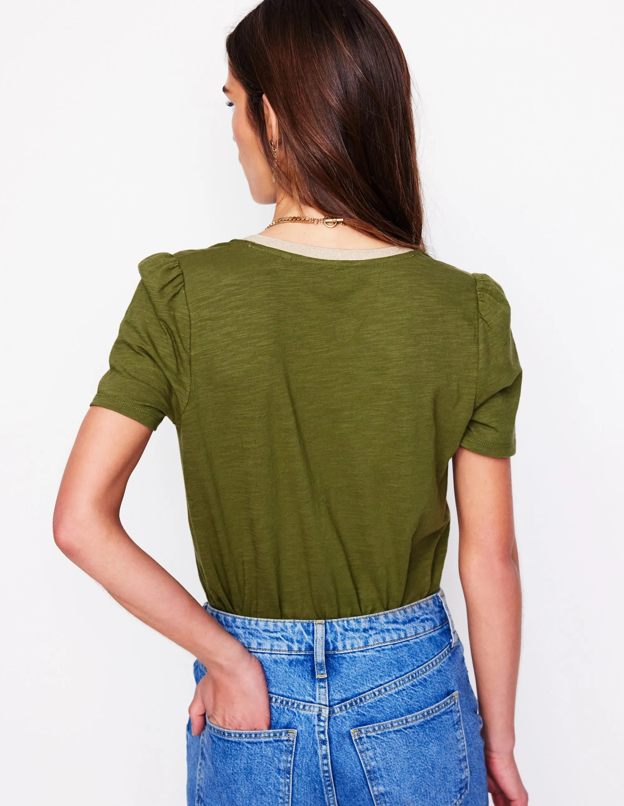 Metallic Trim V Neck T-shirt-Mayfly