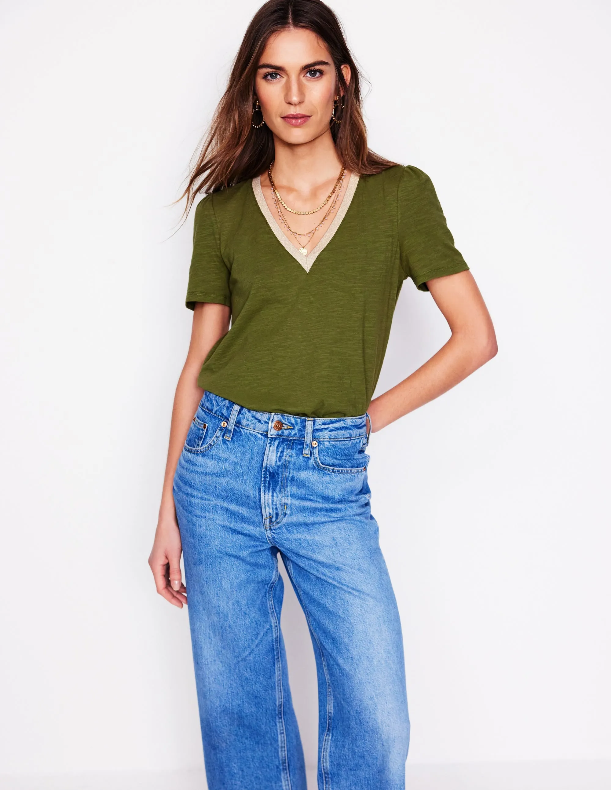 Metallic Trim V Neck T-shirt-Mayfly
