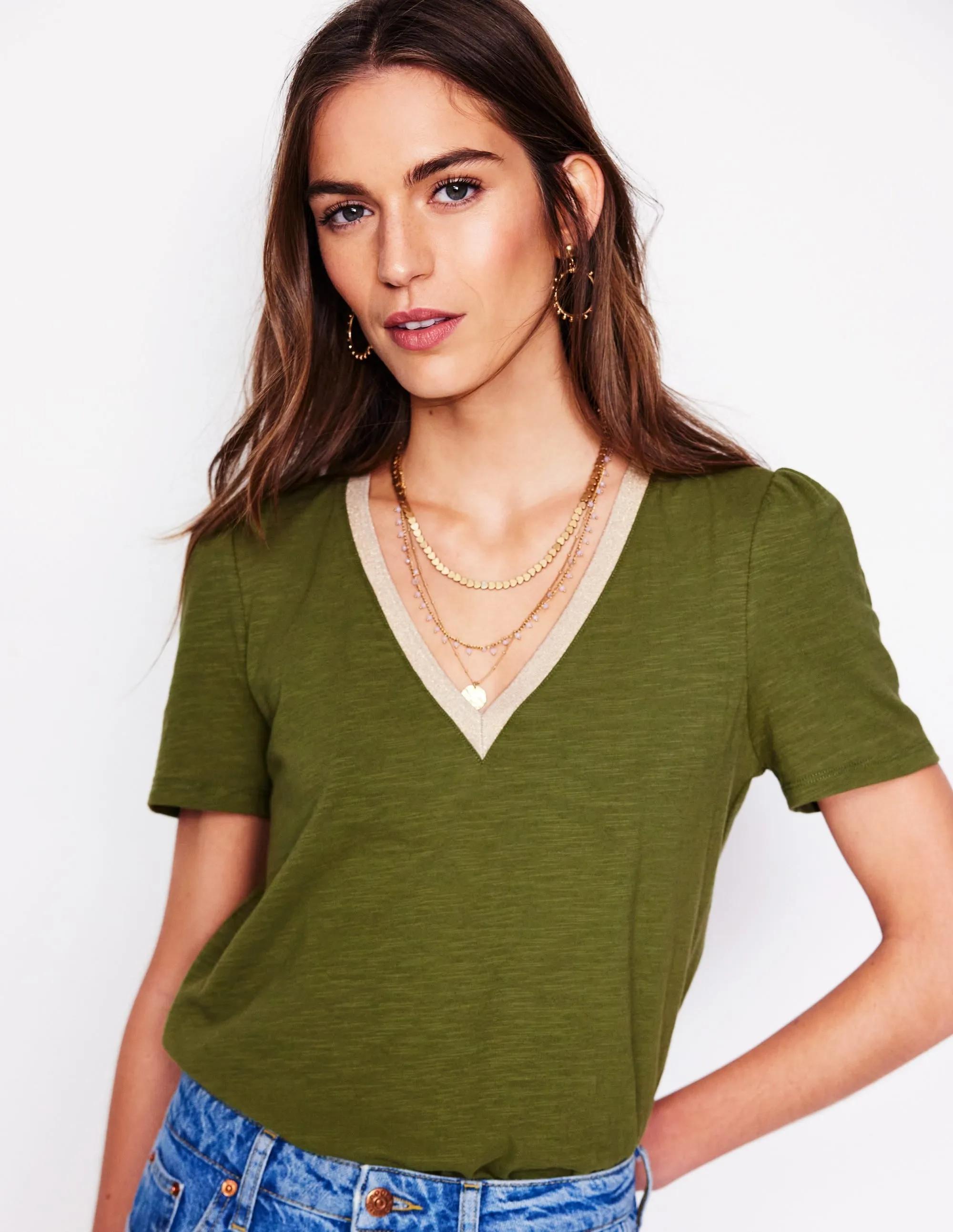 Metallic Trim V Neck T-shirt-Mayfly