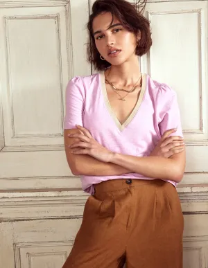 Metallic Trim V Neck T-shirt-Soft Lavender