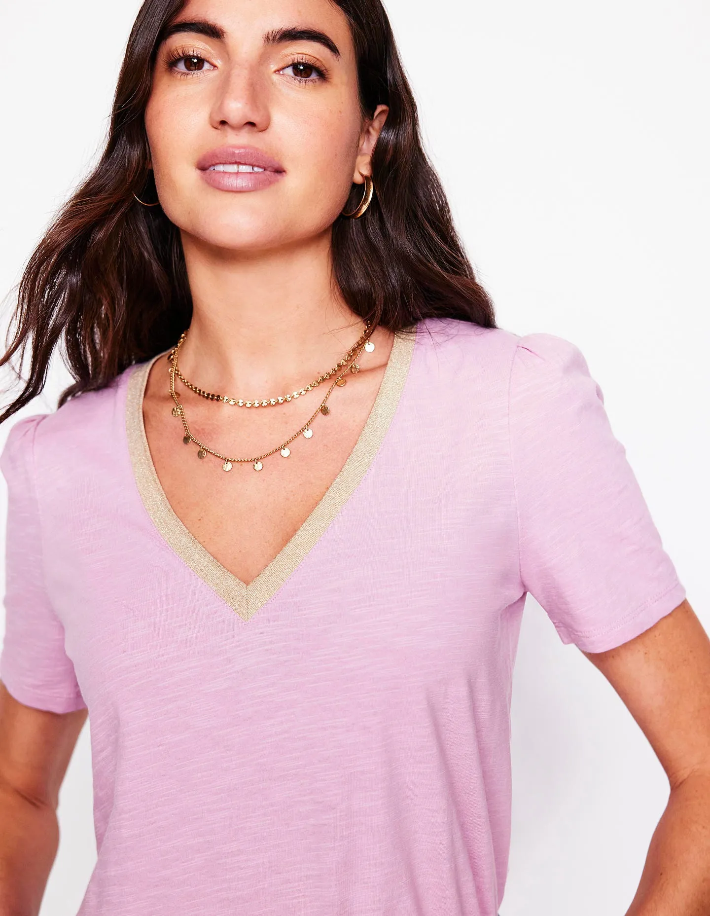 Metallic Trim V Neck T-shirt-Soft Lavender