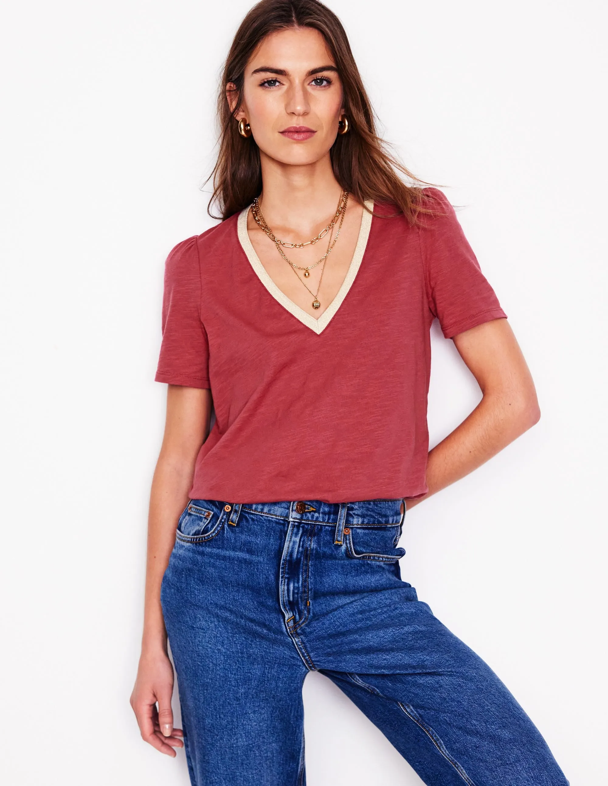 Metallic Trim V Neck T-shirt-Terracotta Red