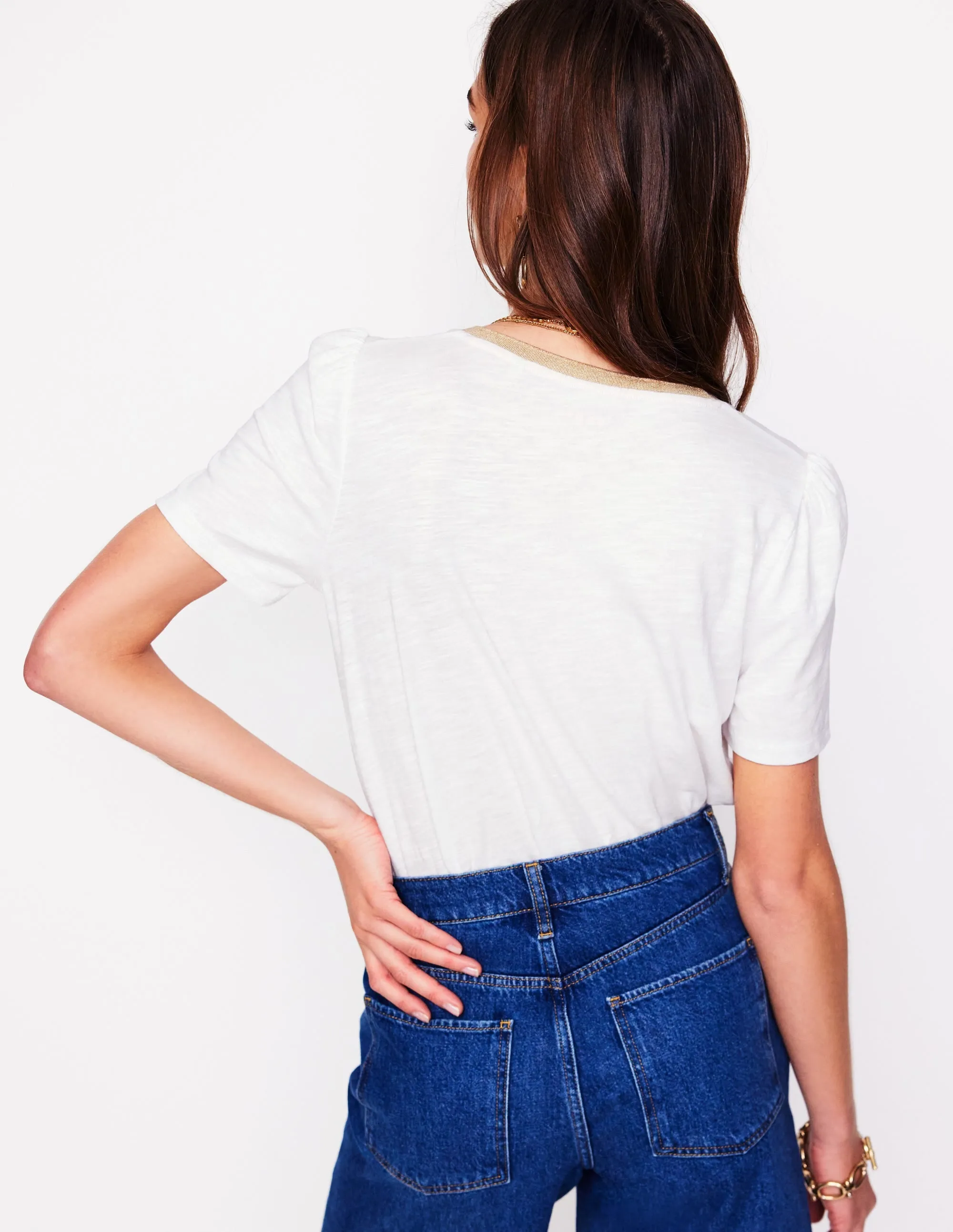 Metallic Trim V Neck T-shirt-White