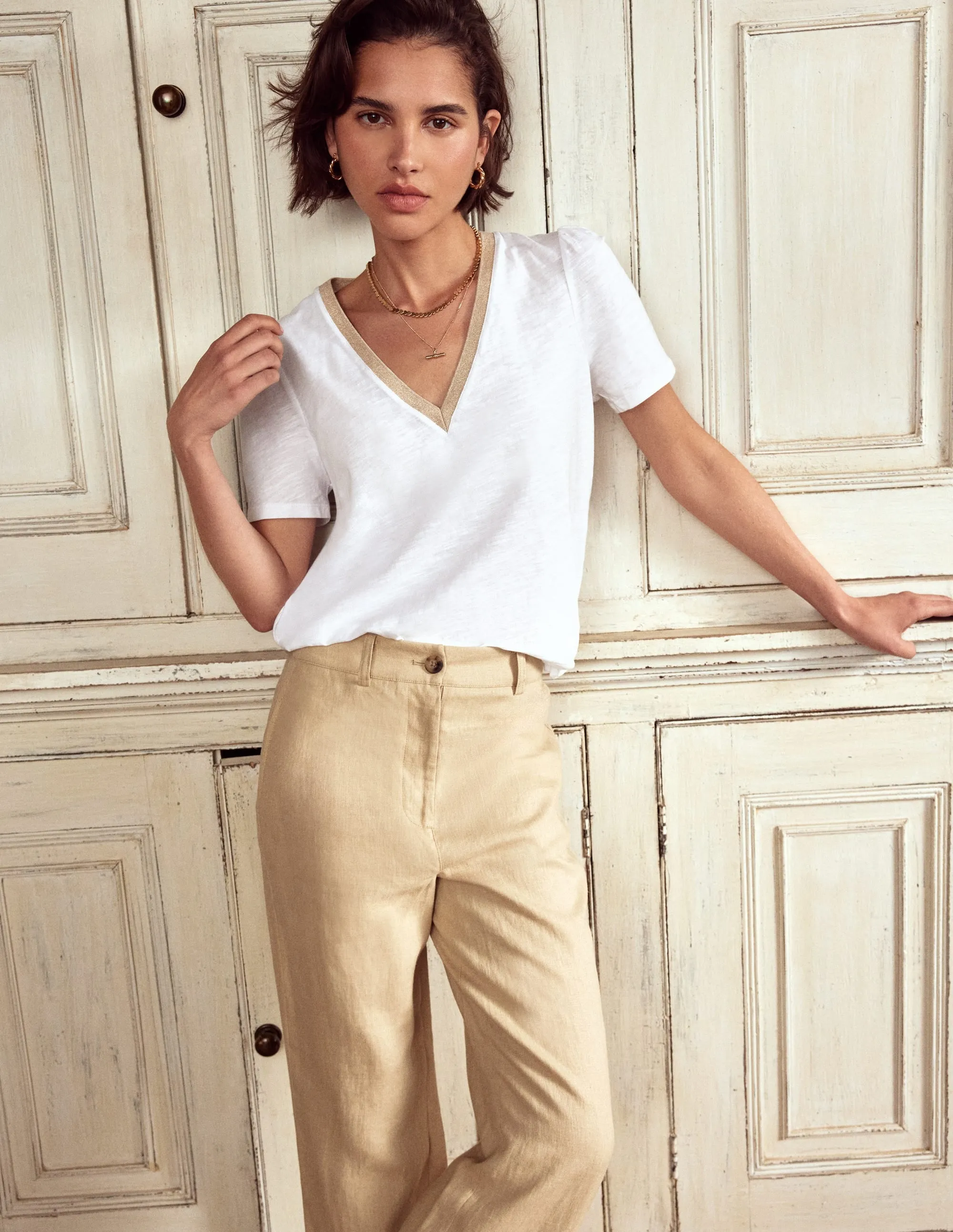Metallic Trim V Neck T-shirt-White