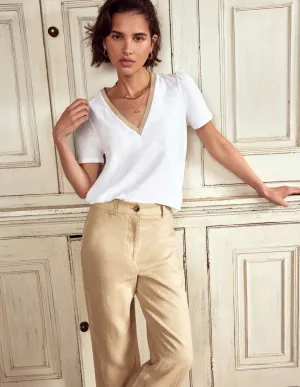 Metallic Trim V Neck T-shirt-White