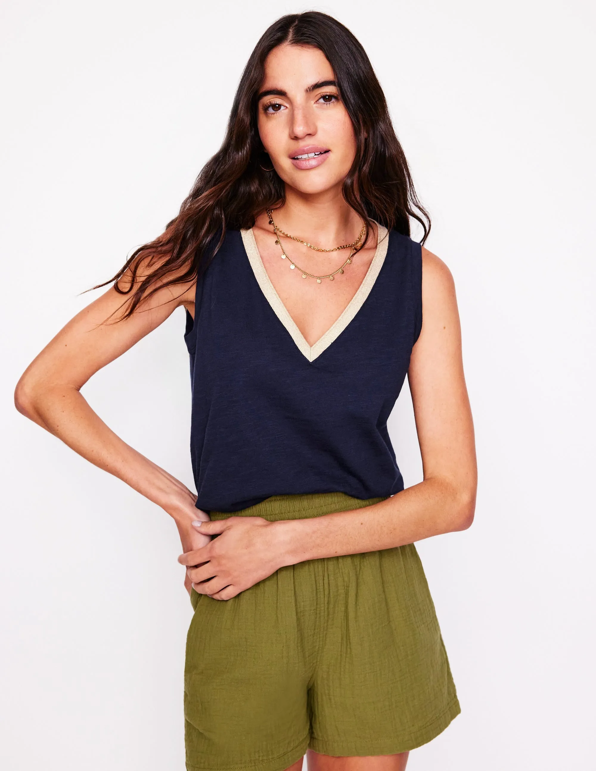 Metallic Trim V Neck Vest-Navy