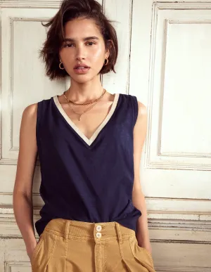 Metallic Trim V Neck Vest-Navy