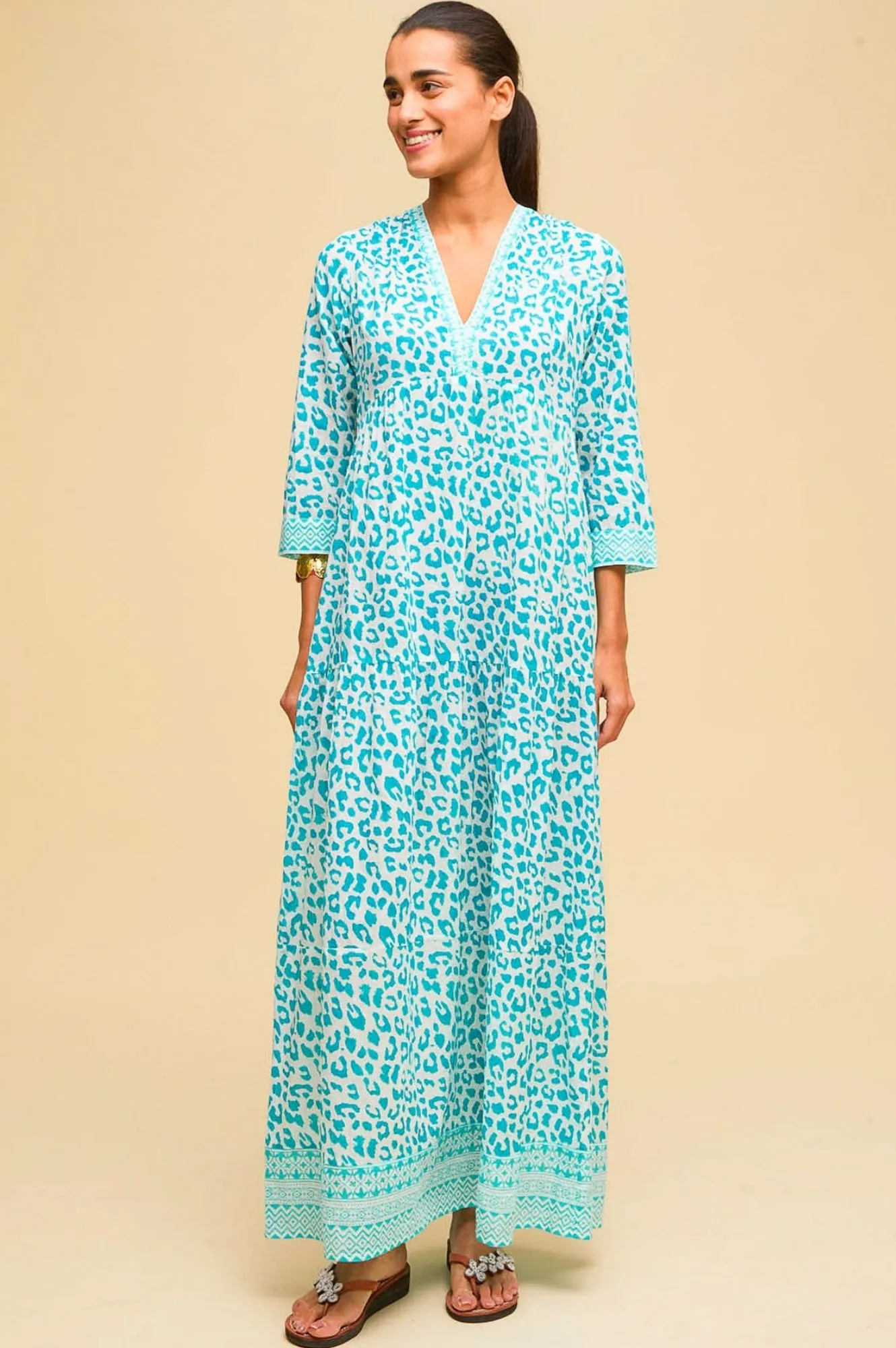 Mykonos Maxi Dress | Soft Cheetah White/Turquoise