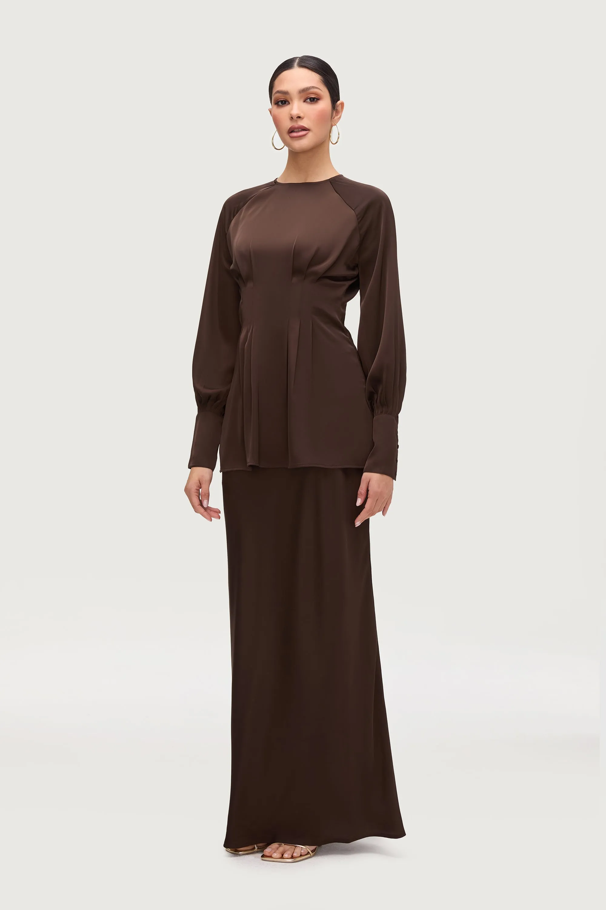 Rahaf Raglan Sleeve Satin Top - Qahwah