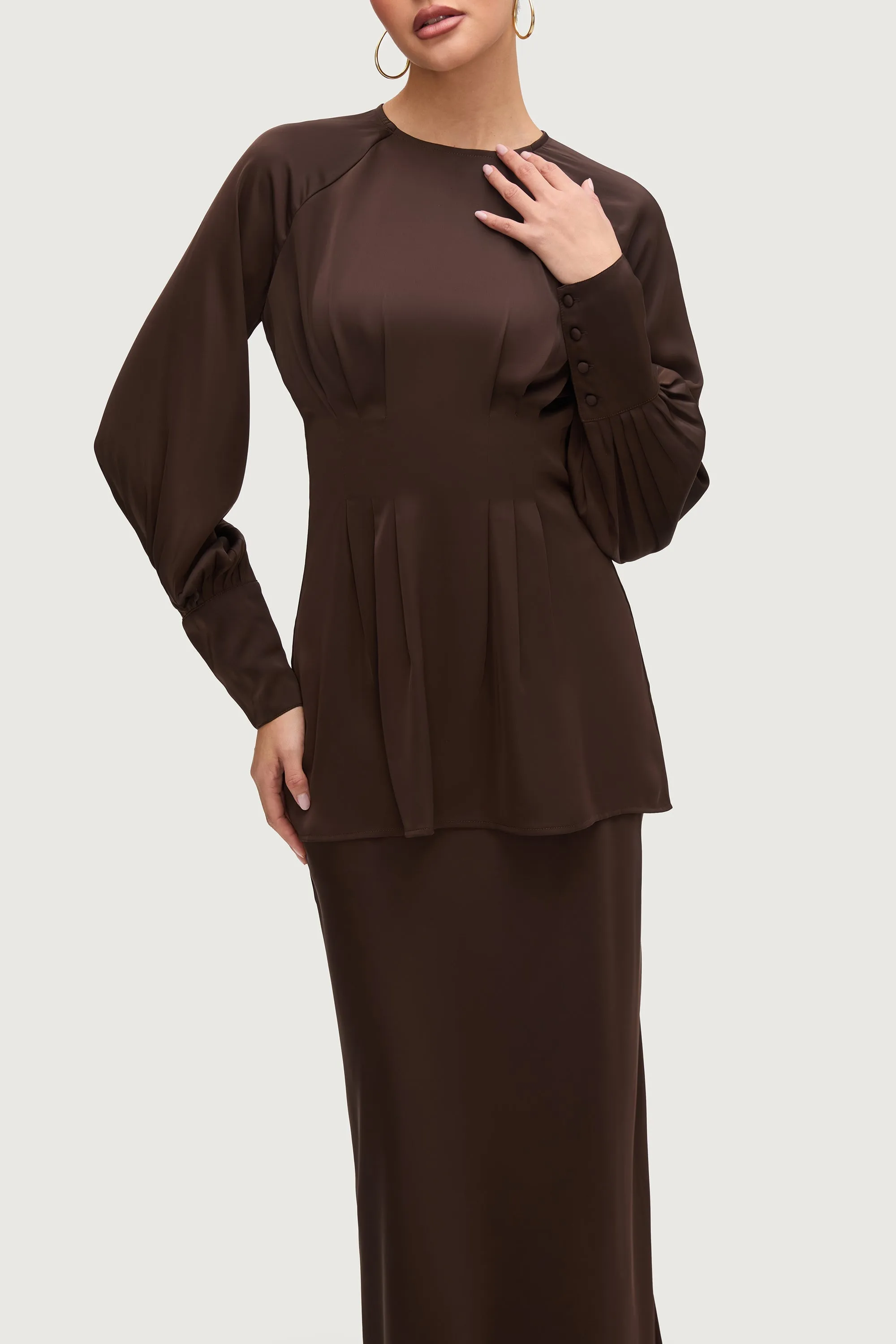 Rahaf Raglan Sleeve Satin Top - Qahwah