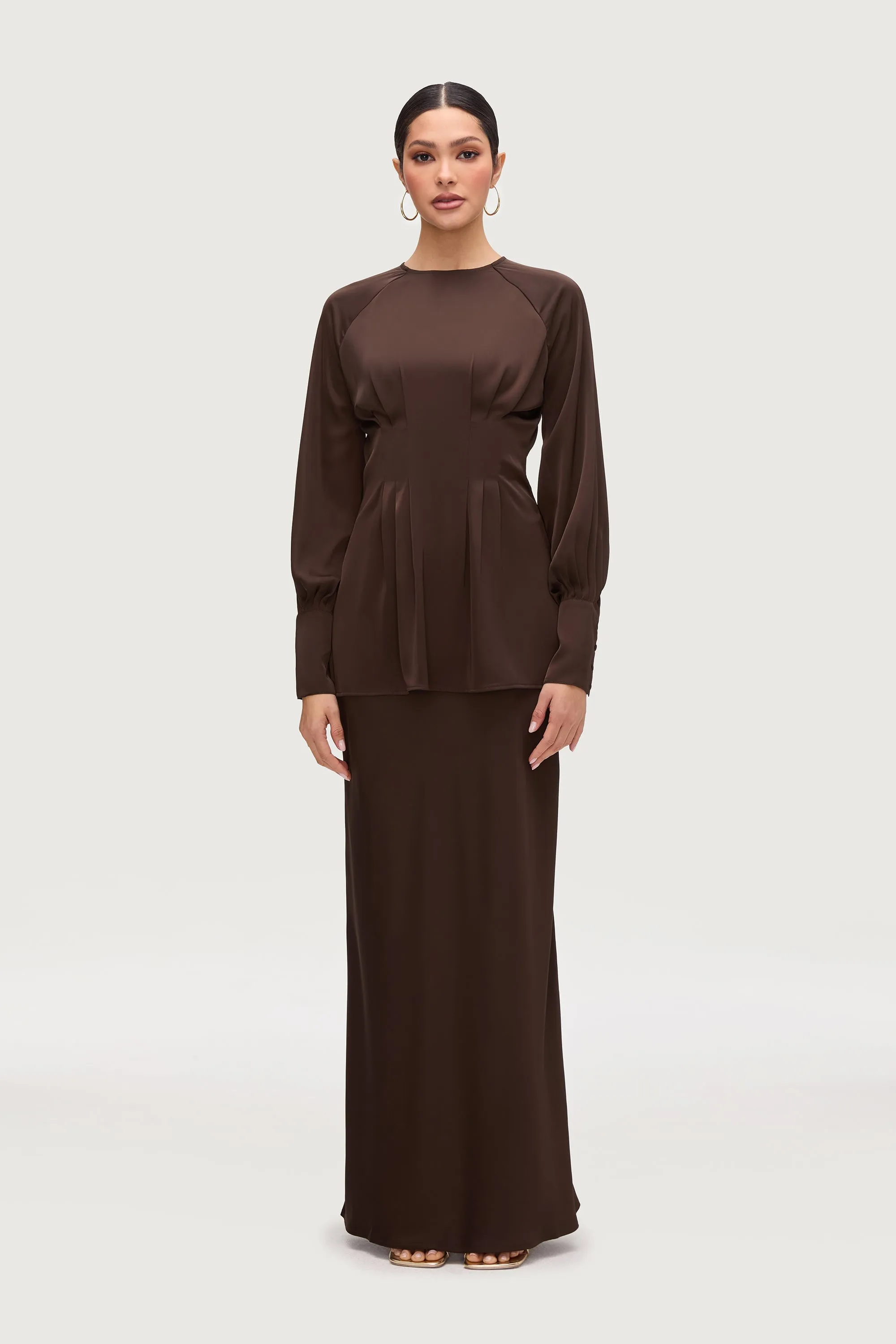 Rahaf Raglan Sleeve Satin Top - Qahwah