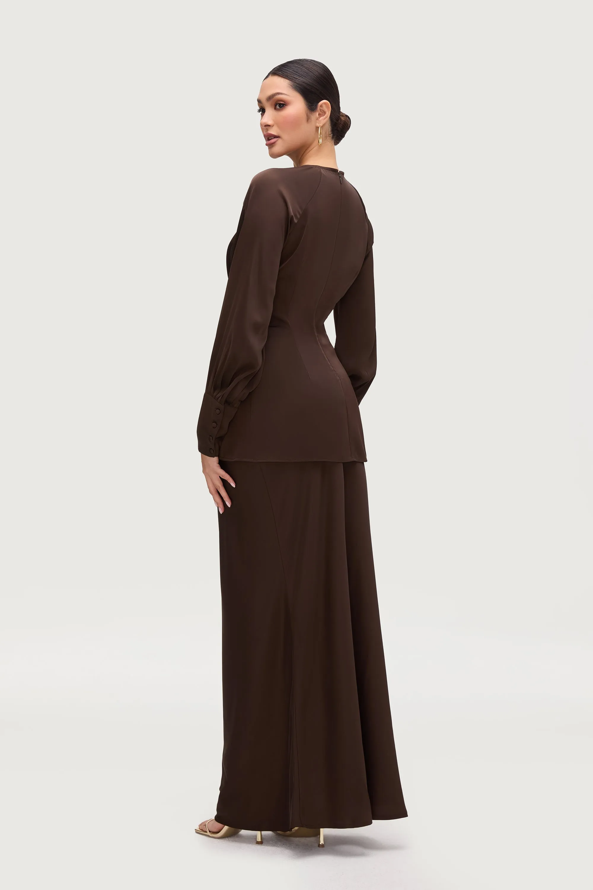 Rahaf Raglan Sleeve Satin Top - Qahwah