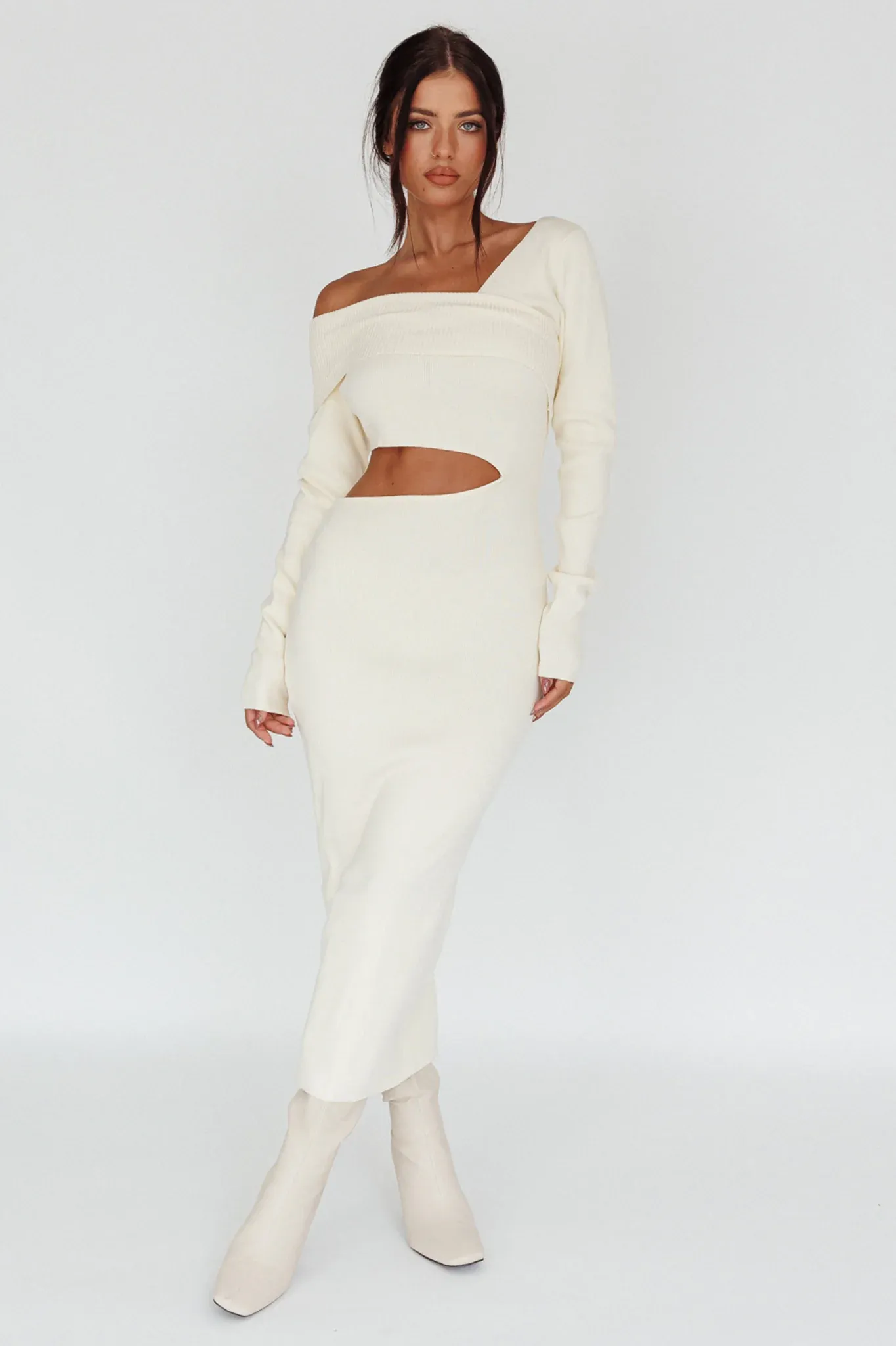 Tamar Long Sleeve One-Shoulder Midi Dress Cream
